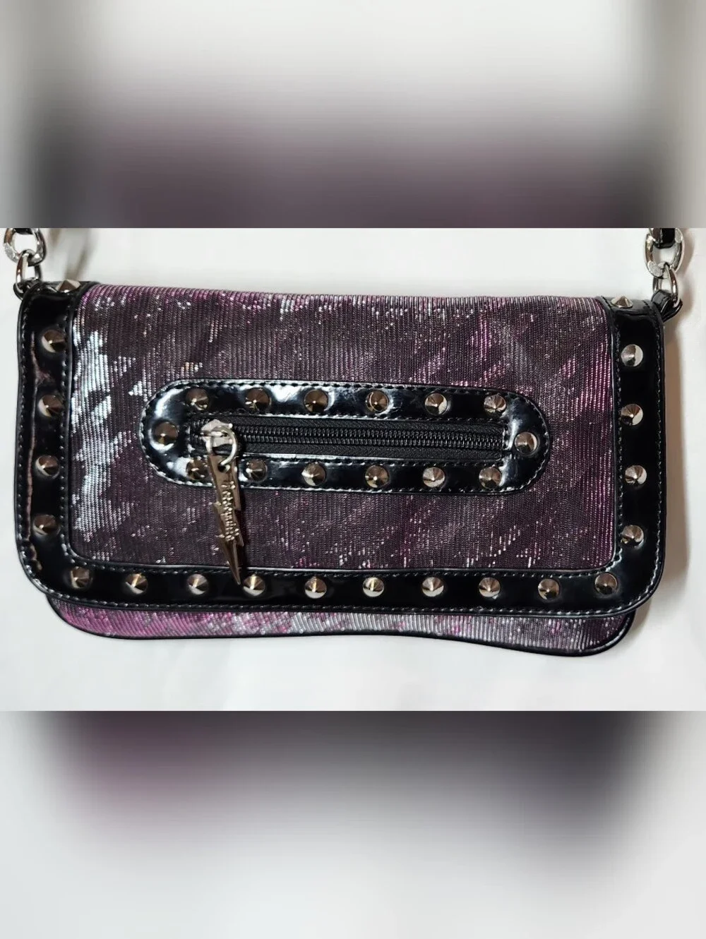 Y2K Betseyville Crossbody Chain Purse Metal Studs Rocker Purple Pink Shimmer